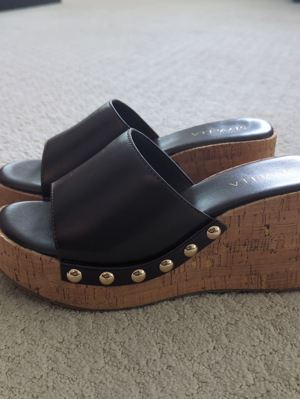 Brown Cork Wedge Slide Sandals with Gold Stud Detail Size 6.5 NEW